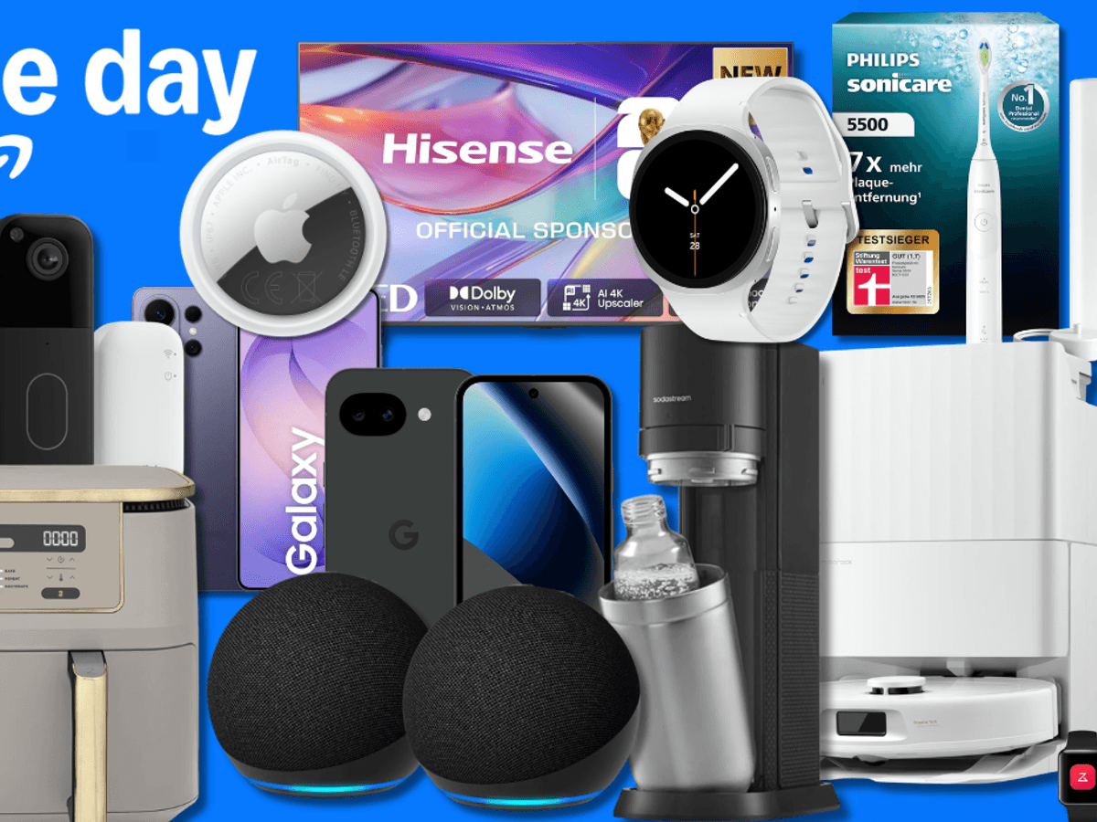 Verschiedene Produkte aus Technik, Haushalt, Küche, Fitness und mehr vor einem blauen Hintergrund.