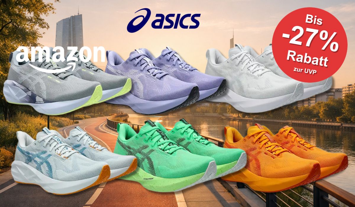 6 Asics Novablast Schuhe in verschiedenen Farben.