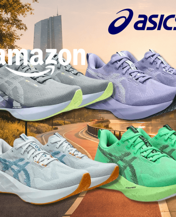 6 Asics Novablast Schuhe in verschiedenen Farben.