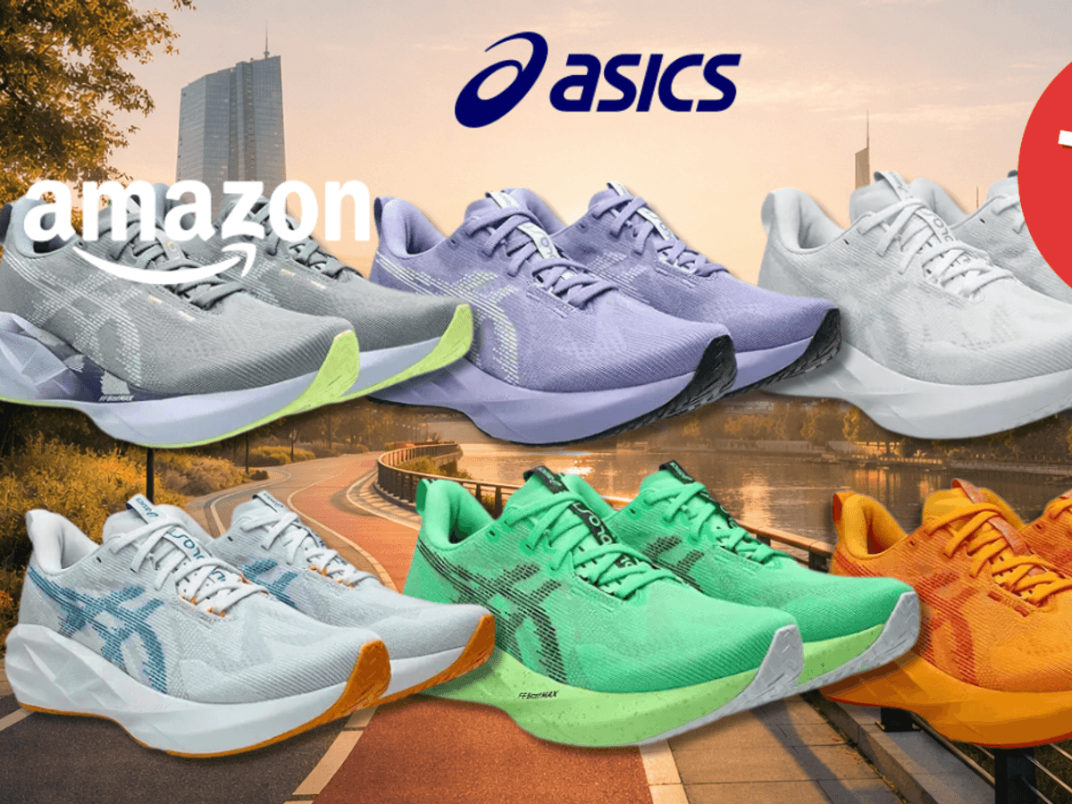 6 Asics Novablast Schuhe in verschiedenen Farben.