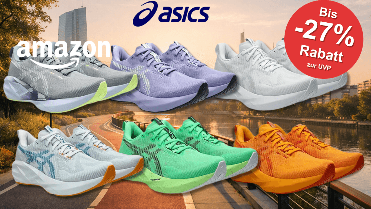 6 Asics Novablast Schuhe in verschiedenen Farben.