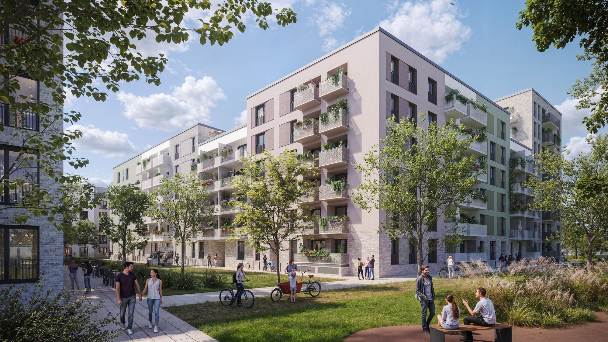 Eine Visualisierung des geplanten Quartiers in Ehrenfeld zwischen Franz-Geuer-Straße und Stammstraße.