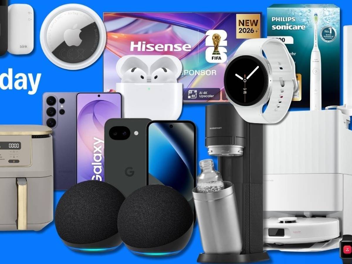 Verschiedene Produkte aus den Kategorien Technik, Haushalt, Küche, Fitness und mehr vor einem blauen Hintergrund zum Amazon Prime Day.