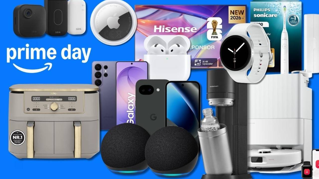 Verschiedene Produkte aus den Kategorien Technik, Haushalt, Küche, Fitness und mehr vor einem blauen Hintergrund zum Amazon Prime Day.
