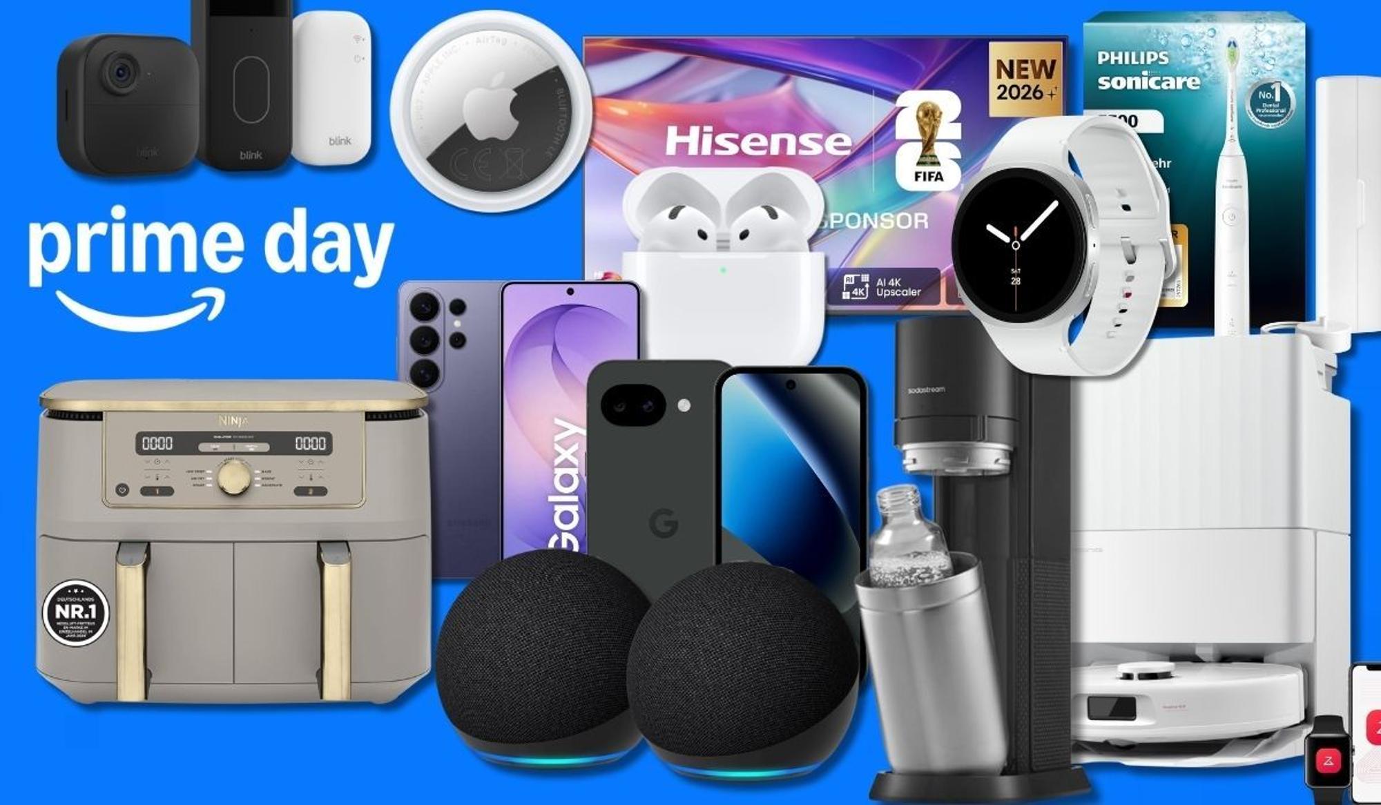 Verschiedene Produkte aus den Kategorien Technik, Haushalt, Küche, Fitness und mehr vor einem blauen Hintergrund zum Amazon Prime Day.