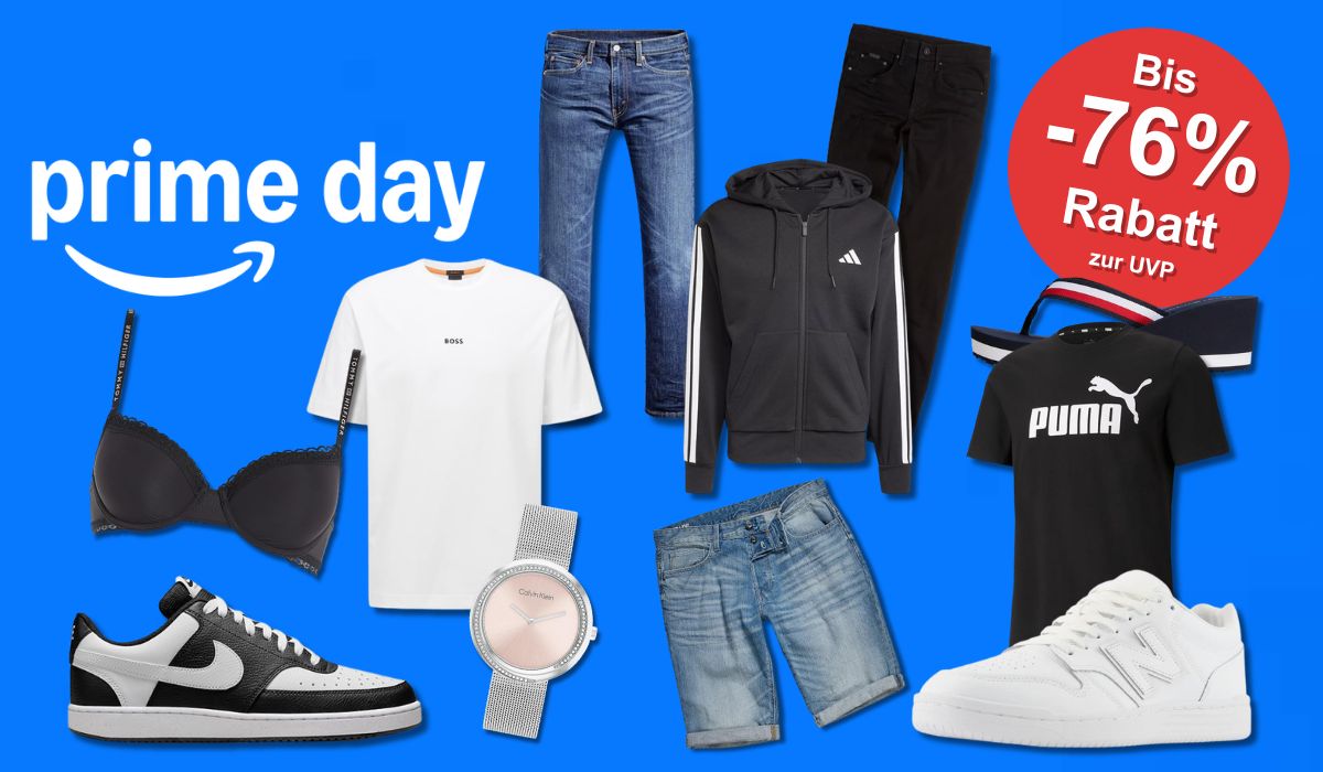 Mode und Schuhe zum Prime Day von Marken wie Nike, New Balance, Puma, Levi's, Hugo Boss, Tommy Hilfiger, Adidas vor einem Catwalk mit Scheinwerfern von einer Modenschau im Hintergrund.