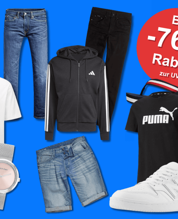 Mode und Schuhe zum Prime Day von Marken wie Nike, New Balance, Puma, Levi's, Hugo Boss, Tommy Hilfiger, Adidas vor einem Catwalk mit Scheinwerfern von einer Modenschau im Hintergrund.