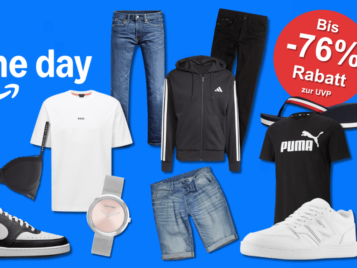 Mode und Schuhe zum Prime Day von Marken wie Nike, New Balance, Puma, Levi's, Hugo Boss, Tommy Hilfiger, Adidas vor einem Catwalk mit Scheinwerfern von einer Modenschau im Hintergrund.