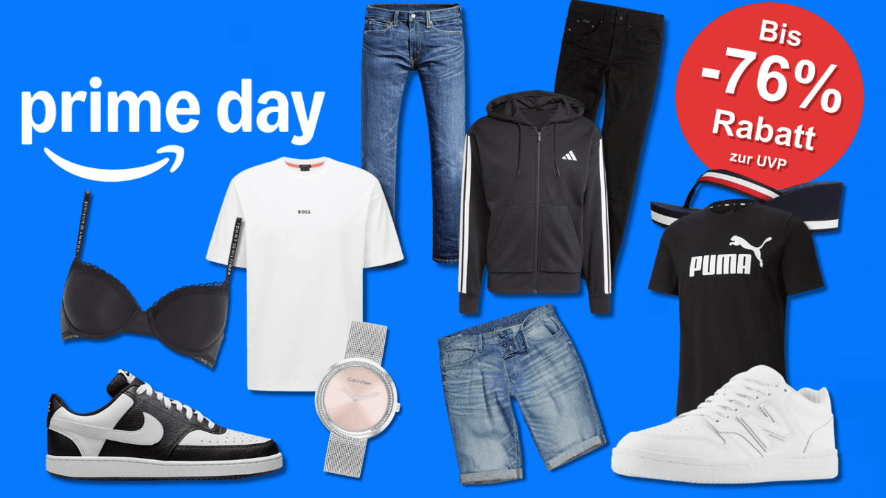 Mode und Schuhe zum Prime Day von Marken wie Nike, New Balance, Puma, Levi's, Hugo Boss, Tommy Hilfiger, Adidas vor einem Catwalk mit Scheinwerfern von einer Modenschau im Hintergrund.