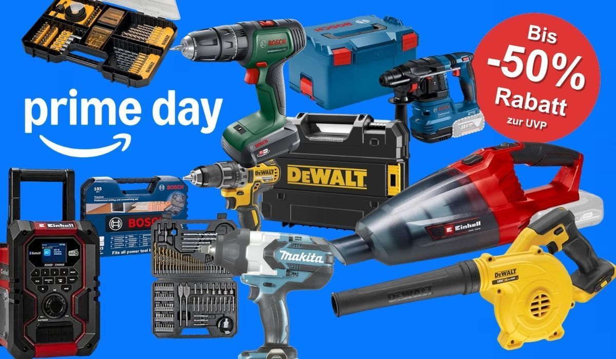 Werkzeug von verschiedenen Marken wir Bosch Home and Garden, Bosch Professional, Einhell, DeWalt, Makita vor einem blauen Hintergrund mit Prime Day Logo von Amazon.