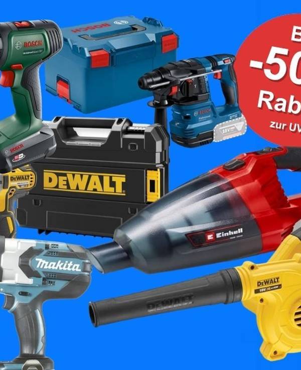 Werkzeug von verschiedenen Marken wir Bosch Home and Garden, Bosch Professional, Einhell, DeWalt, Makita vor einem blauen Hintergrund mit Prime Day Logo von Amazon.