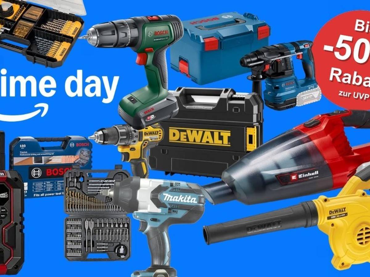 Werkzeug von verschiedenen Marken wir Bosch Home and Garden, Bosch Professional, Einhell, DeWalt, Makita vor einem blauen Hintergrund mit Prime Day Logo von Amazon.