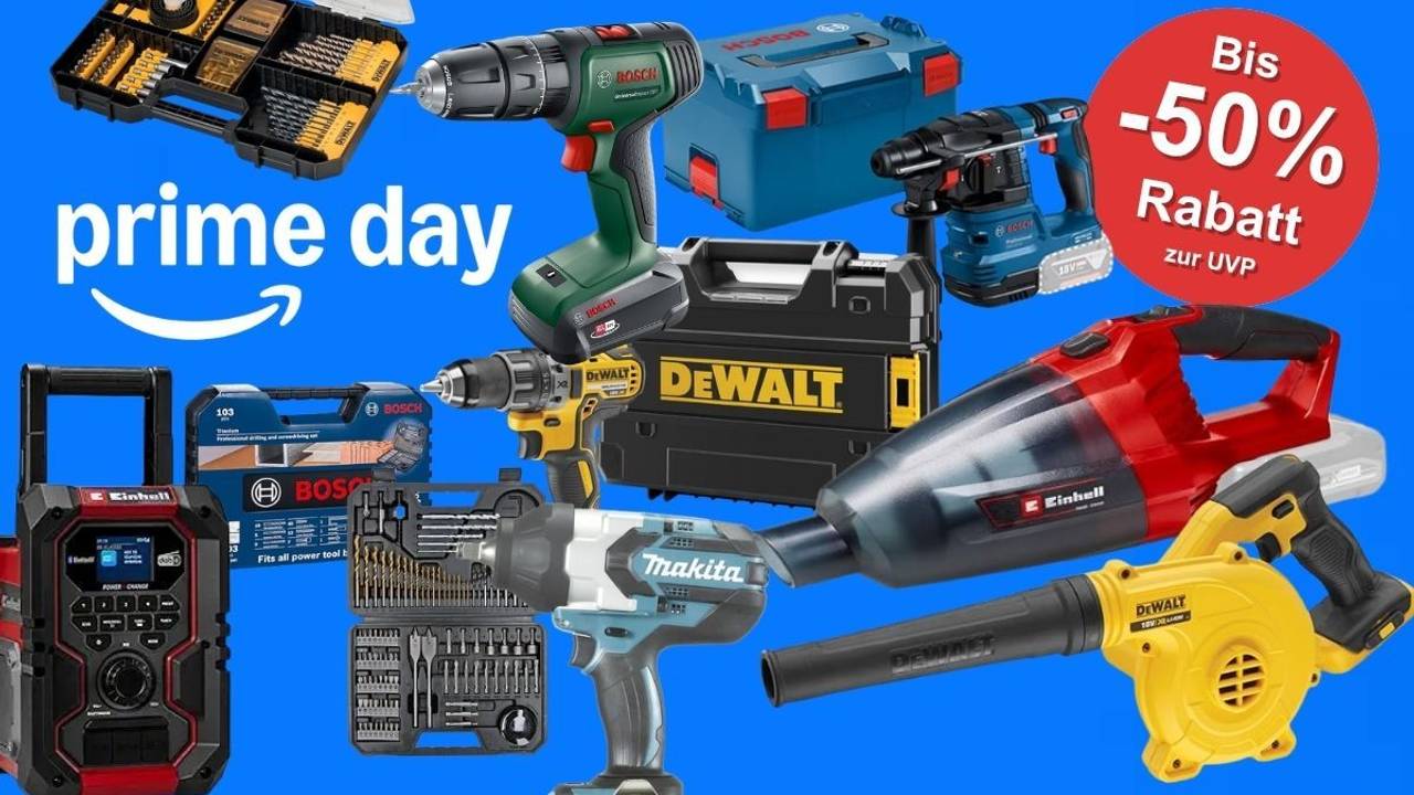 Werkzeug von verschiedenen Marken wir Bosch Home and Garden, Bosch Professional, Einhell, DeWalt, Makita vor einem blauen Hintergrund mit Prime Day Logo von Amazon.