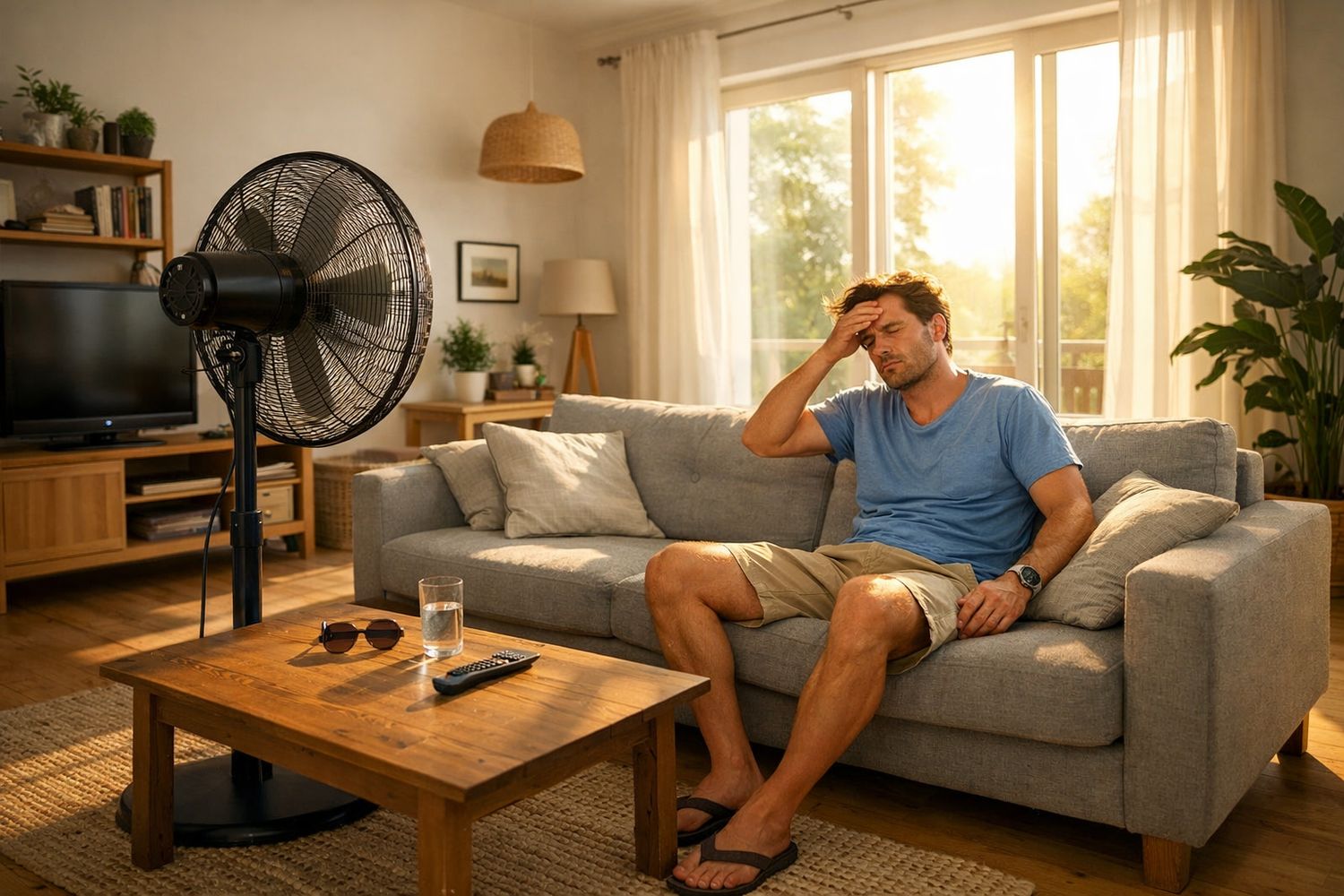Ein Mann der vor einem Ventilator sitzt.