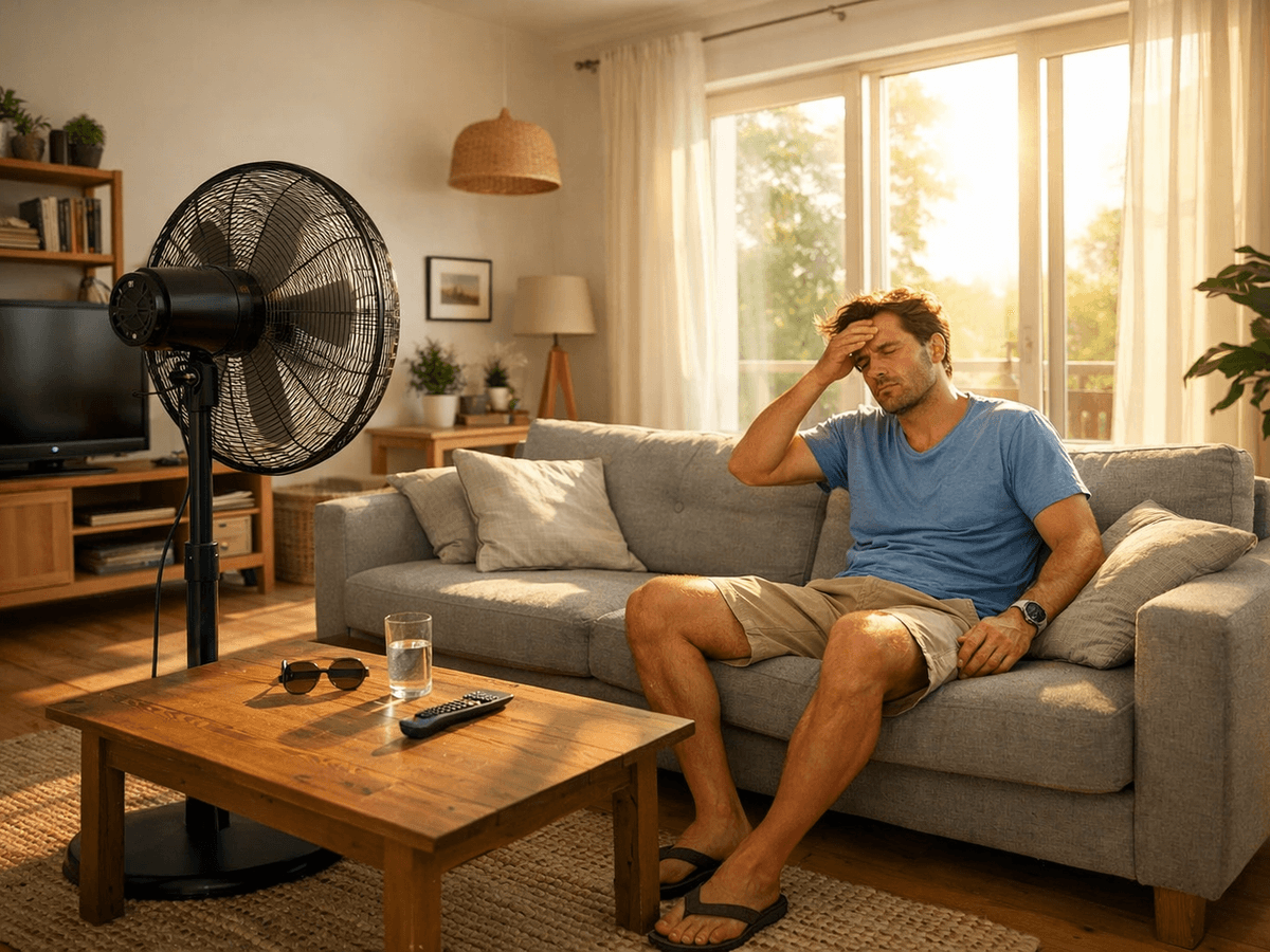 Ein Mann der vor einem Ventilator sitzt.