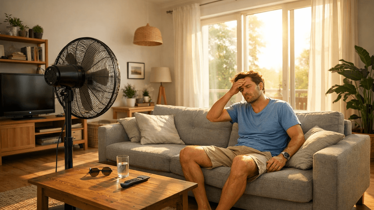 Ein Mann der vor einem Ventilator sitzt.