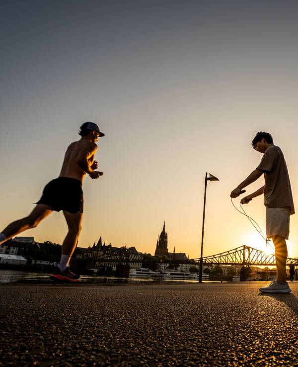 Menschen treiben bei Sonnenaufgang Frühsport am Mainufer.