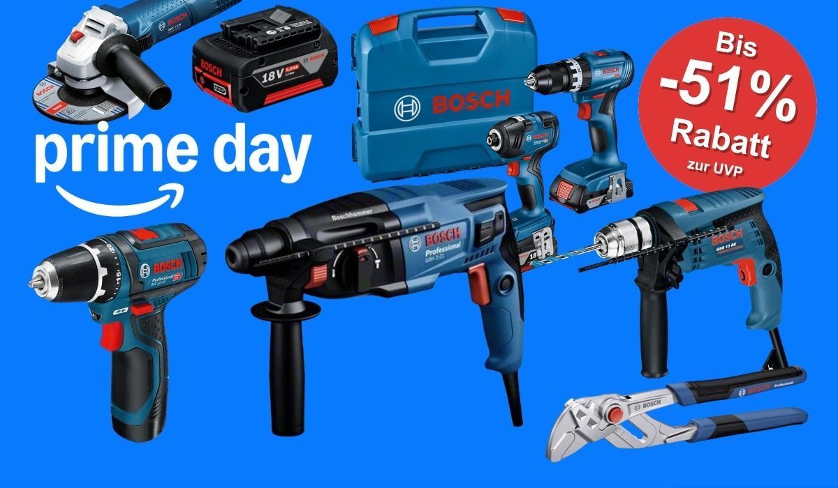 Collage verschiedener blauer Bosch Professional Werkzeuge (Bohrhammer, Schlagbohrmaschine, Akkubohrer, Winkelschleifer, 18V Akku, blauer Werkzeugkoffer) vor  blauem Hintergrund mit Prime Day Logo und der rote Bosch-Schriftzug. Rechts oben roter Button mit der Aufschrift „Bis -51 % Rabatt zur UVP".