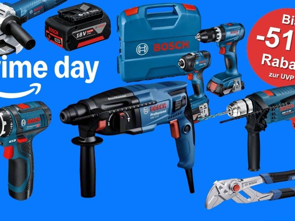 Collage verschiedener blauer Bosch Professional Werkzeuge (Bohrhammer, Schlagbohrmaschine, Akkubohrer, Winkelschleifer, 18V Akku, blauer Werkzeugkoffer) vor blauem Hintergrund mit Prime Day Logo und der rote Bosch-Schriftzug. Rechts oben roter Button mit der Aufschrift „Bis -51 % Rabatt zur UVP".