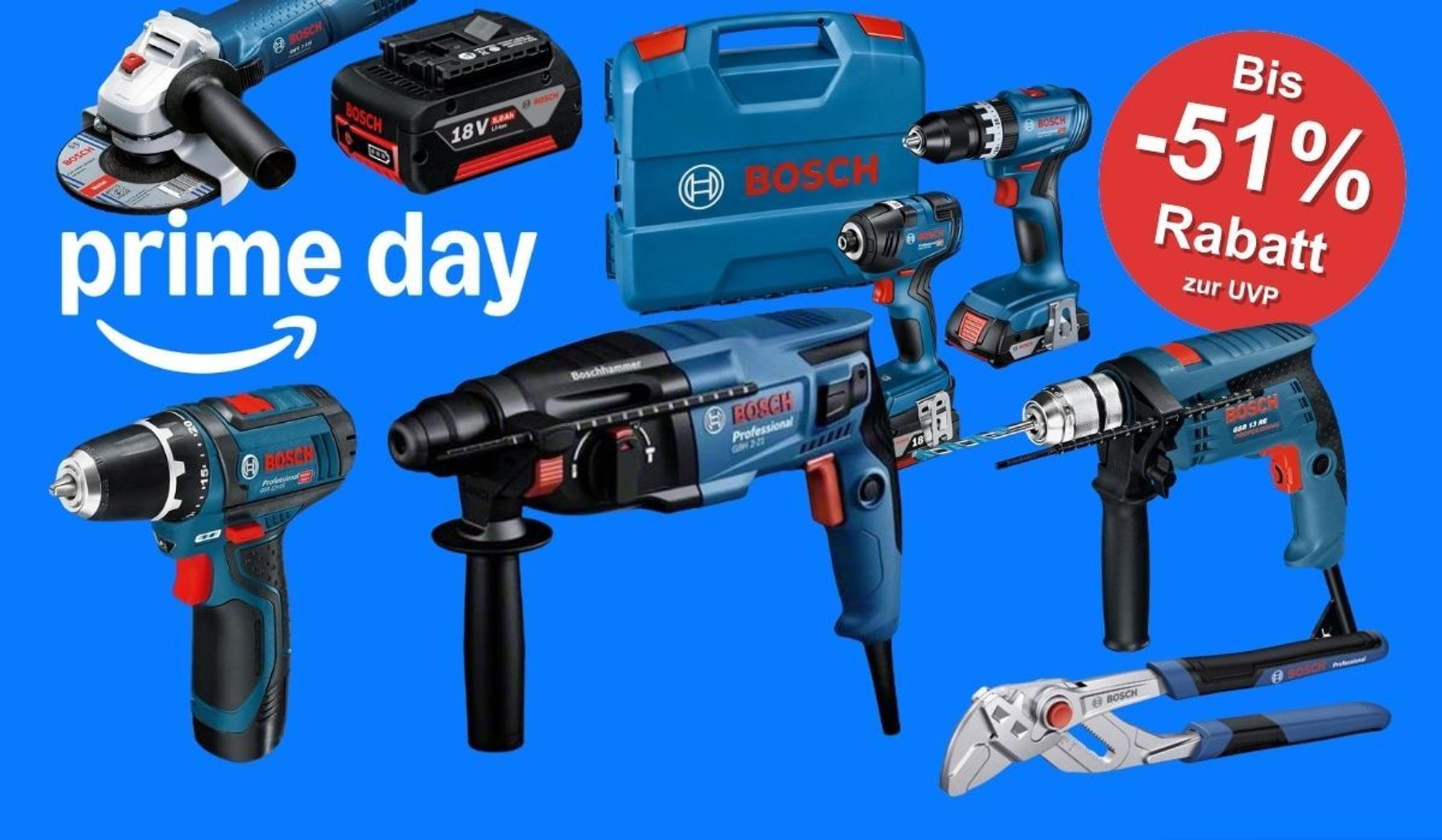 Collage verschiedener blauer Bosch Professional Werkzeuge (Bohrhammer, Schlagbohrmaschine, Akkubohrer, Winkelschleifer, 18V Akku, blauer Werkzeugkoffer) vor blauem Hintergrund mit Prime Day Logo und der rote Bosch-Schriftzug. Rechts oben roter Button mit der Aufschrift „Bis -51 % Rabatt zur UVP".