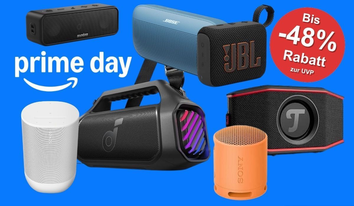 Verschiedene Bluetooth-Lautsprecher verschiedener Marken (Soundcore, Bose, JBL, Teufel, Sony) auf blauem Hintergrund mit Prime-Day-Logo und rotem Rabatt-Badge „Bis -48% Rabatt zur UVP"