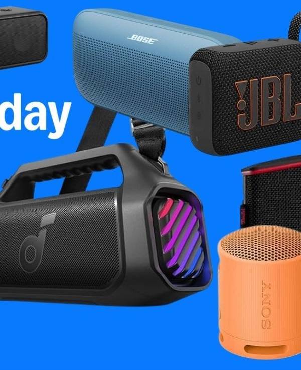 Verschiedene Bluetooth-Lautsprecher verschiedener Marken (Soundcore, Bose, JBL, Teufel, Sony) auf blauem Hintergrund mit Prime-Day-Logo und rotem Rabatt-Badge „Bis -48% Rabatt zur UVP"