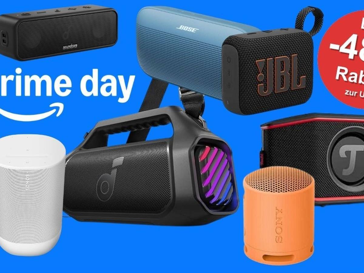 Verschiedene Bluetooth-Lautsprecher verschiedener Marken (Soundcore, Bose, JBL, Teufel, Sony) auf blauem Hintergrund mit Prime-Day-Logo und rotem Rabatt-Badge „Bis -48% Rabatt zur UVP"