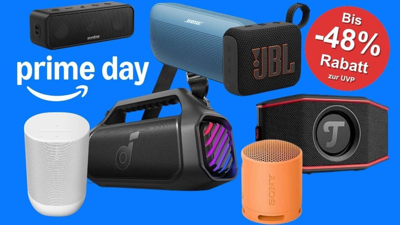 Verschiedene Bluetooth-Lautsprecher verschiedener Marken (Soundcore, Bose, JBL, Teufel, Sony) auf blauem Hintergrund mit Prime-Day-Logo und rotem Rabatt-Badge „Bis -48% Rabatt zur UVP"