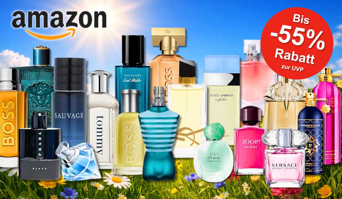 Viele Parfum Flakons von Marken wie Mugler, Boss, Tommy Hilfiger, Diesel, Versace, DKNY, Ralph Lauren und vielen mehr vor rosa Hintergrund mit Herzen.