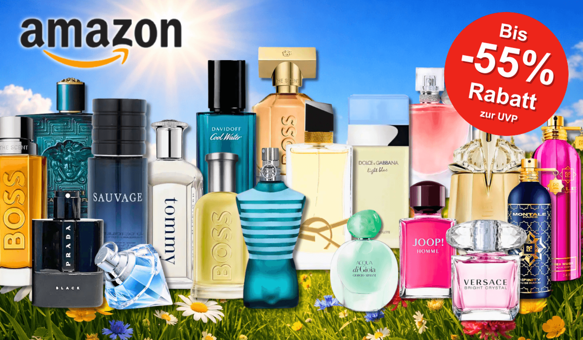 Viele Parfum Flakons von Marken wie Mugler, Boss, Tommy Hilfiger, Diesel, Versace, DKNY, Ralph Lauren und vielen mehr vor rosa Hintergrund mit Herzen.