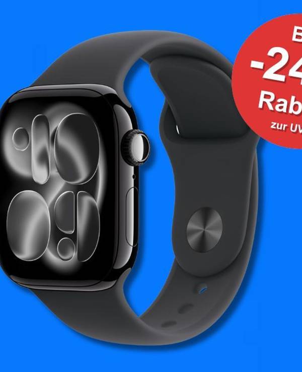 Die Apple Watch 11 vor einem blauen Hintergund.