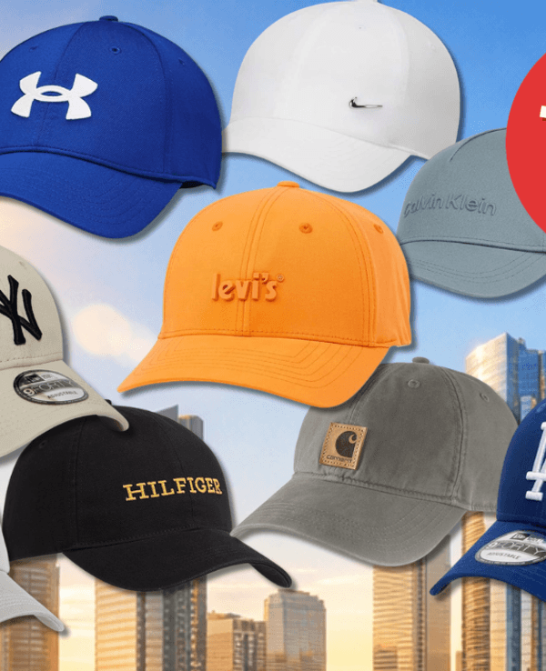 Marken Caps z.B. von Tommy Hilfiger, Levis, Carhartt, und mehr vor einem Comic-Design-Stadthintergrund.