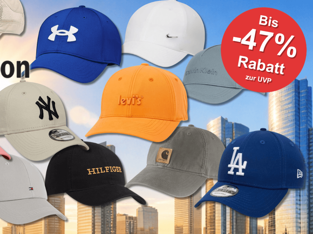 Marken Caps z.B. von Tommy Hilfiger, Levis, Carhartt, und mehr vor einem Comic-Design-Stadthintergrund.