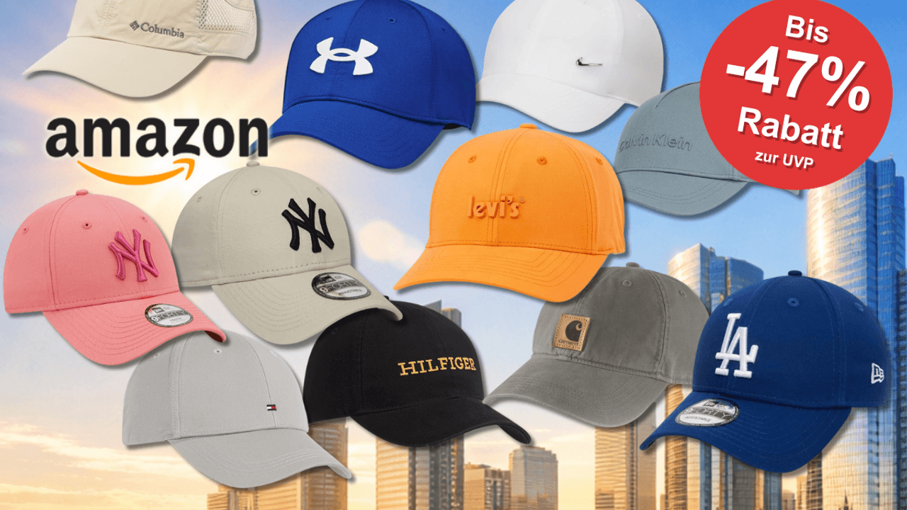 Marken Caps z.B. von Tommy Hilfiger, Levis, Carhartt, und mehr vor einem Comic-Design-Stadthintergrund.