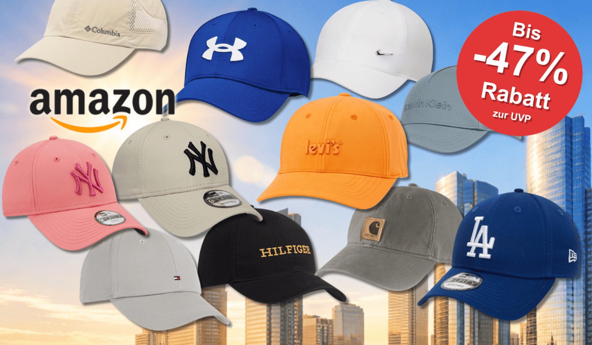 Marken Caps z.B. von Tommy Hilfiger, Levis, Carhartt, und mehr vor einem Comic-Design-Stadthintergrund.