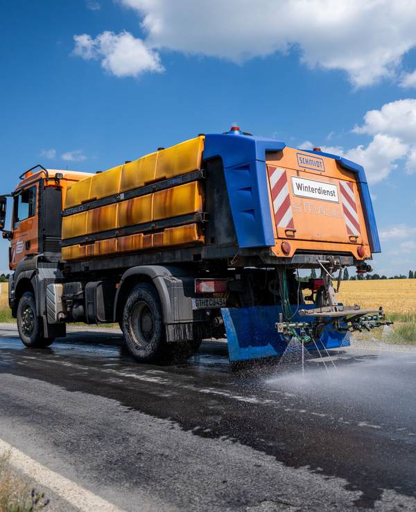 Mit einem Winterdienst-Fahrzeug wird die Straße L2038 zwischen Lengefeld und der B247 im Unstrut-Hainich-Kreis bewässert, um diese zu kühlen.