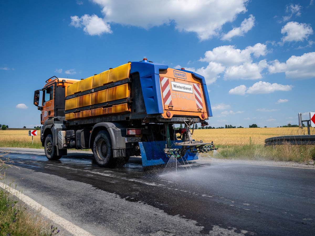 Mit einem Winterdienst-Fahrzeug wird die Straße L2038 zwischen Lengefeld und der B247 im Unstrut-Hainich-Kreis bewässert, um diese zu kühlen.