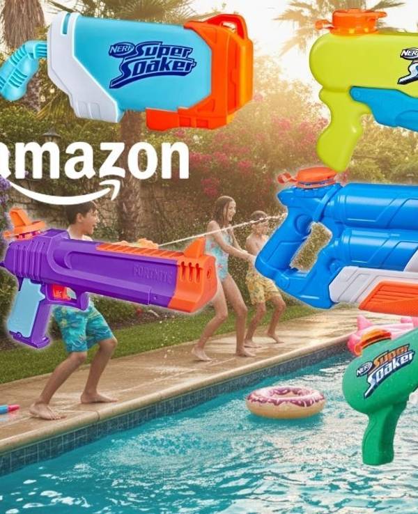Mehrere Nerf Super Soaker Wasserpistolen verschiedener Modelle vor einem Swimmingpool im Sommer, Amazon-Logo und Rabatthinweis bis zu 51 % zur UVP