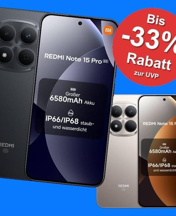 Xiaomi Redmi Note 15 Pro 5G mit großem 6,83-Zoll-Display und Quad-Kamera in verschiedenen Farben (Schwarz, Titanium, Gletscherblau) mit Prime-Day-Rabatt-Badge auf blauem Hintergrund