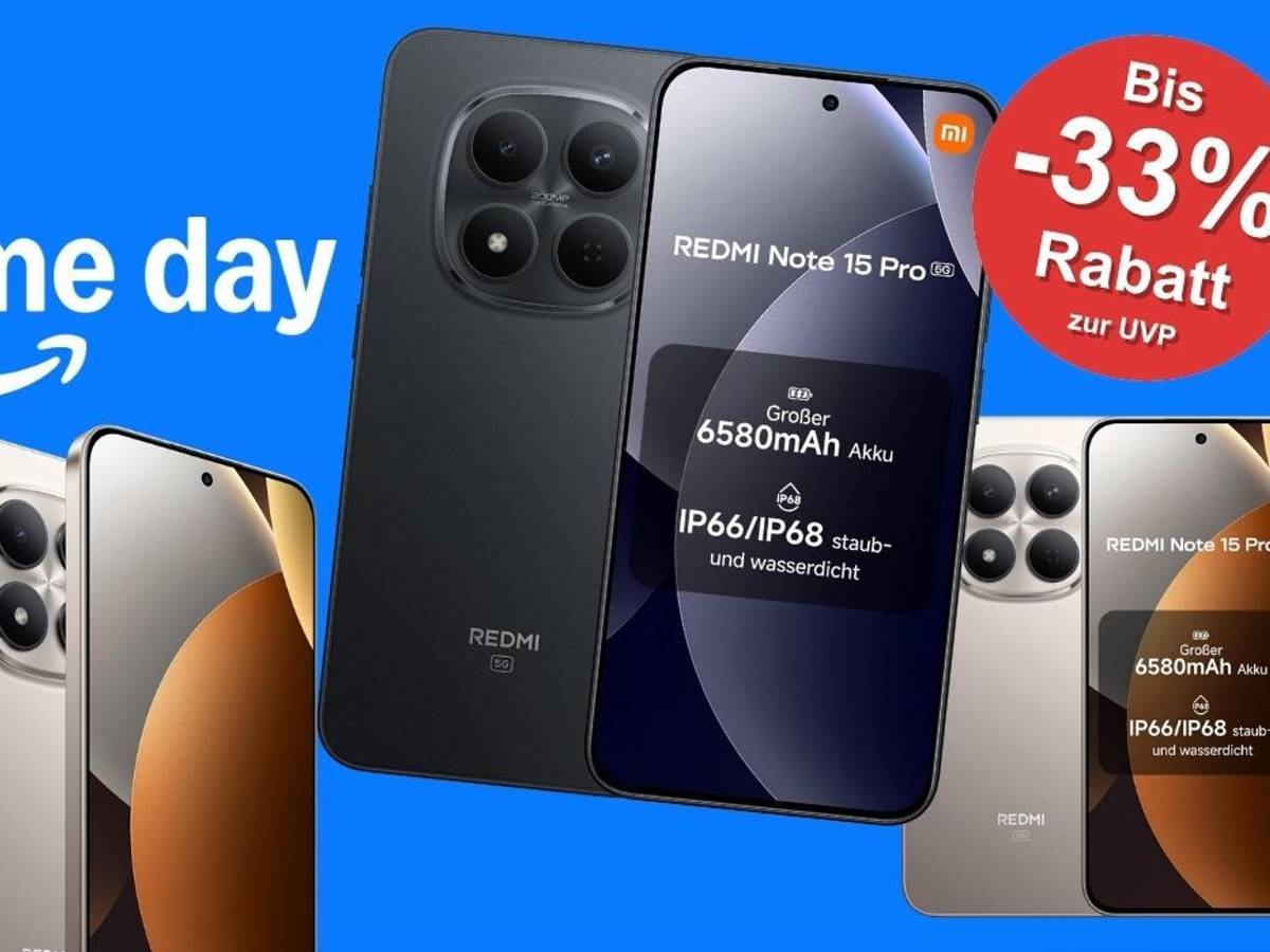 Xiaomi Redmi Note 15 Pro 5G mit großem 6,83-Zoll-Display und Quad-Kamera in verschiedenen Farben (Schwarz, Titanium, Gletscherblau) mit Prime-Day-Rabatt-Badge auf blauem Hintergrund