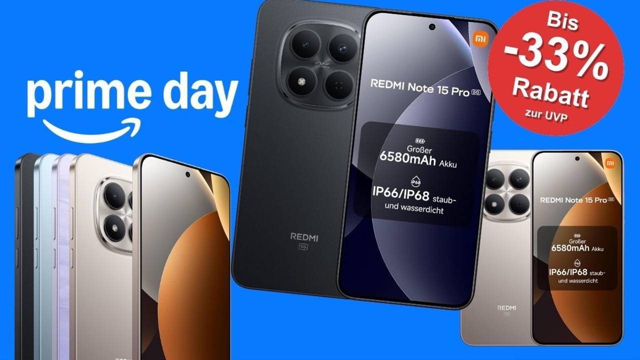 Xiaomi Redmi Note 15 Pro 5G mit großem 6,83-Zoll-Display und Quad-Kamera in verschiedenen Farben (Schwarz, Titanium, Gletscherblau) mit Prime-Day-Rabatt-Badge auf blauem Hintergrund