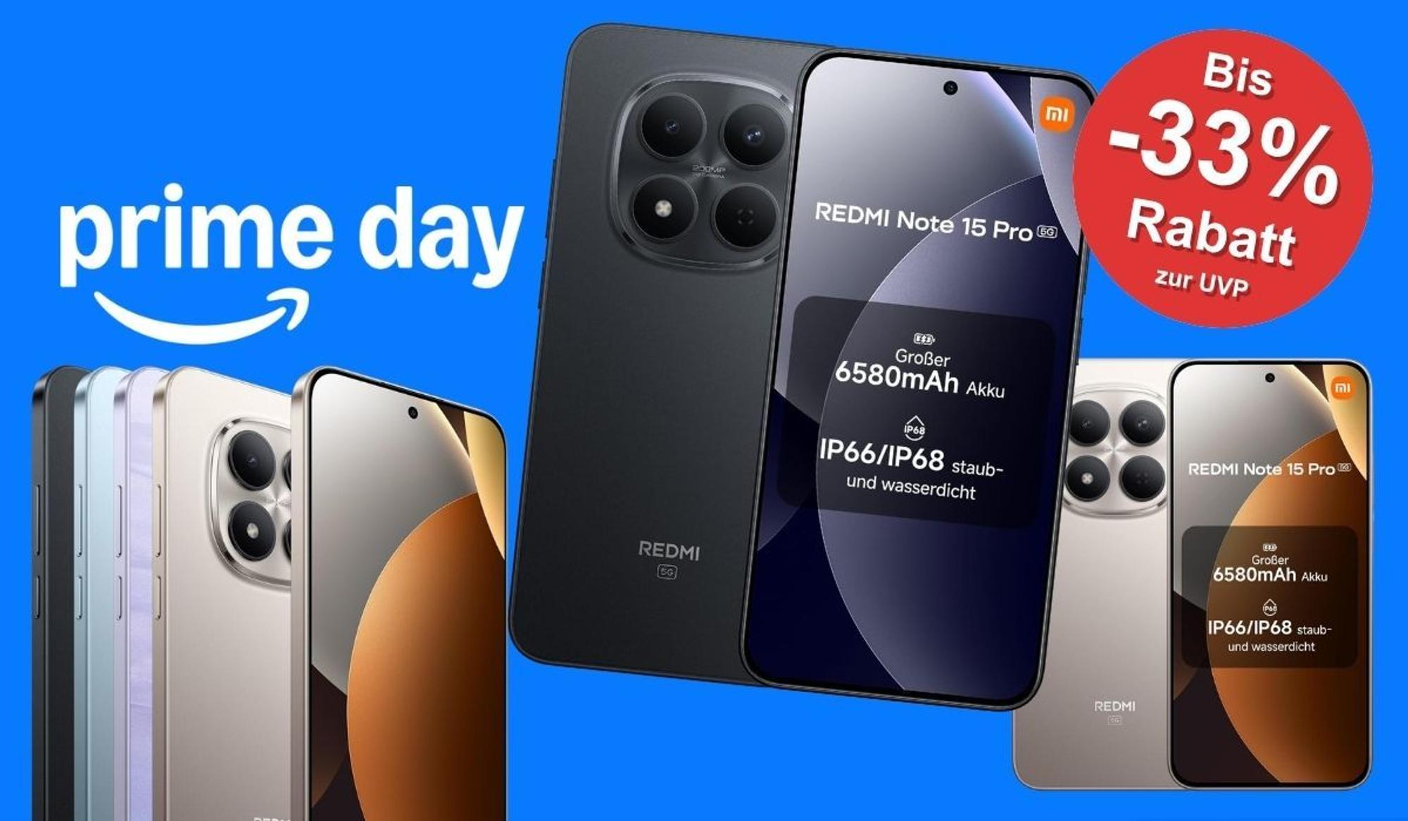 Xiaomi Redmi Note 15 Pro 5G mit großem 6,83-Zoll-Display und Quad-Kamera in verschiedenen Farben (Schwarz, Titanium, Gletscherblau) mit Prime-Day-Rabatt-Badge auf blauem Hintergrund