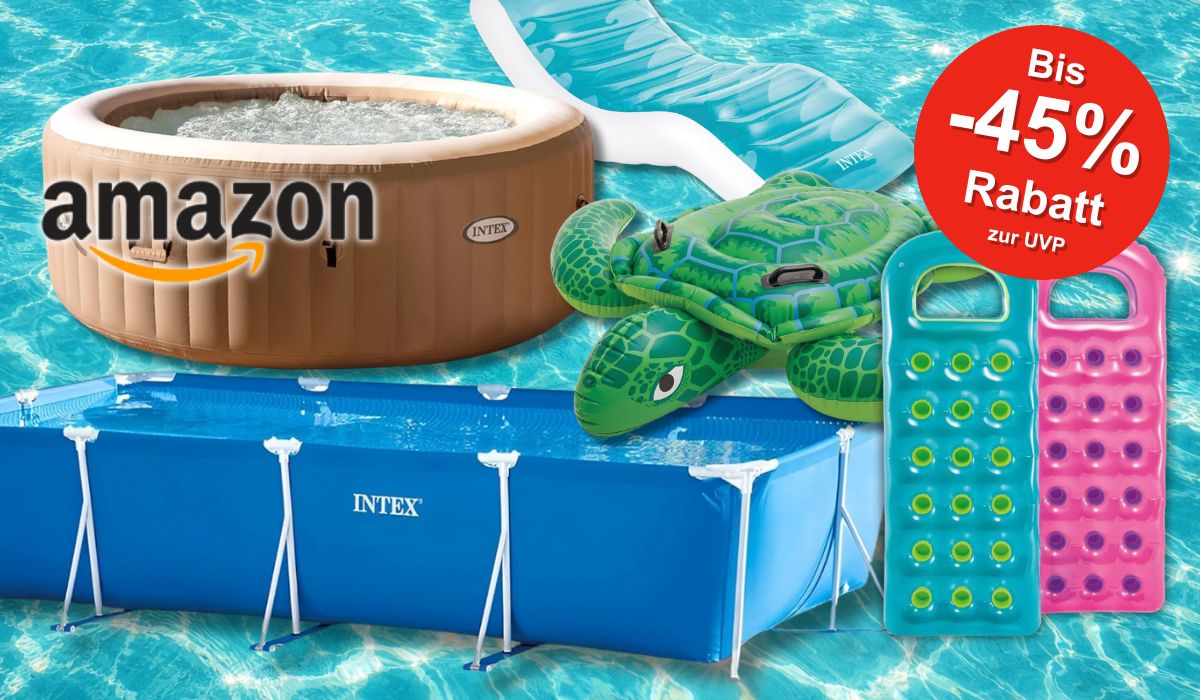 Intex Pools und Zubehör vor einem Wasser-Hintergrund.