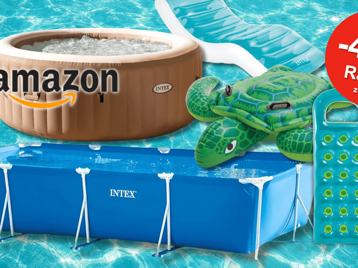 Intex Pools und Zubehör vor einem Wasser-Hintergrund.