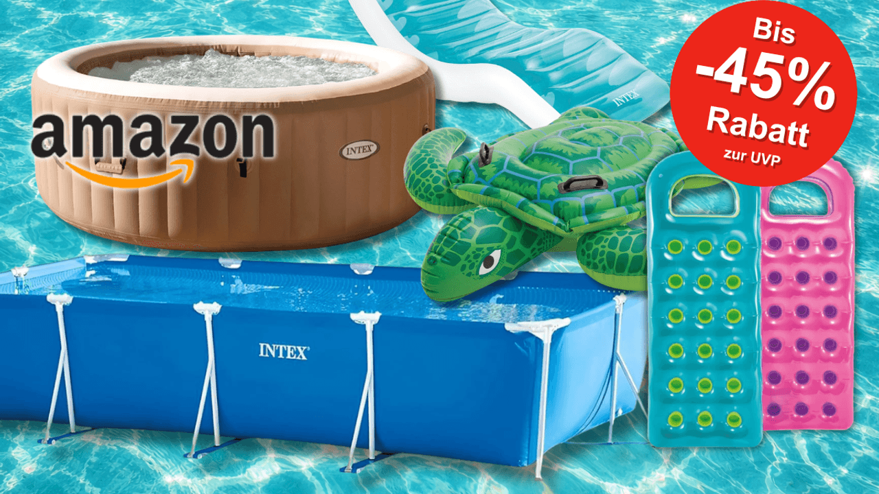 Intex Pools und Zubehör vor einem Wasser-Hintergrund.