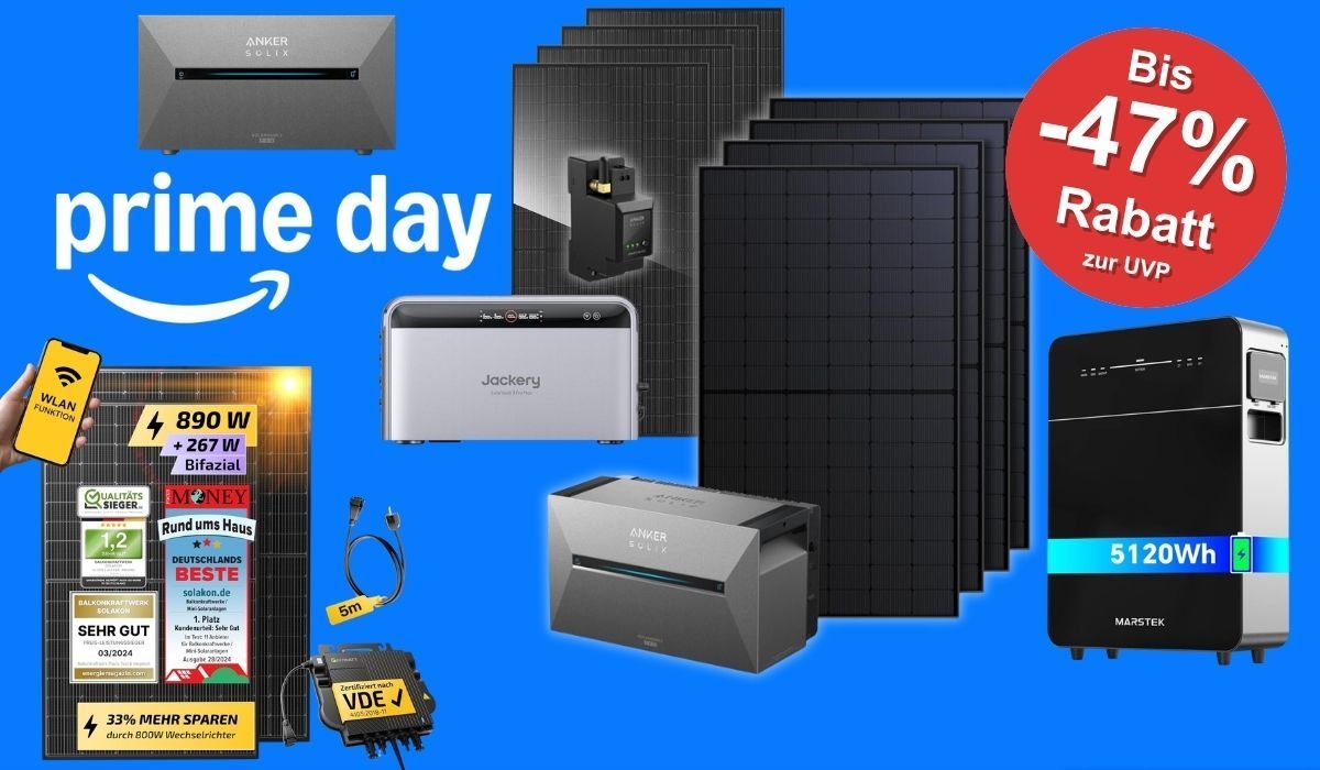 Balkonkraftwerk Komplettsets mit Solarmodulen, Stromspeicher und Wechselrichter beim Amazon Prime Day Sale.
