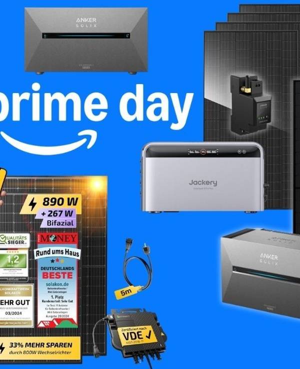 Balkonkraftwerk Komplettsets mit Solarmodulen, Stromspeicher und Wechselrichter beim Amazon Prime Day Sale.