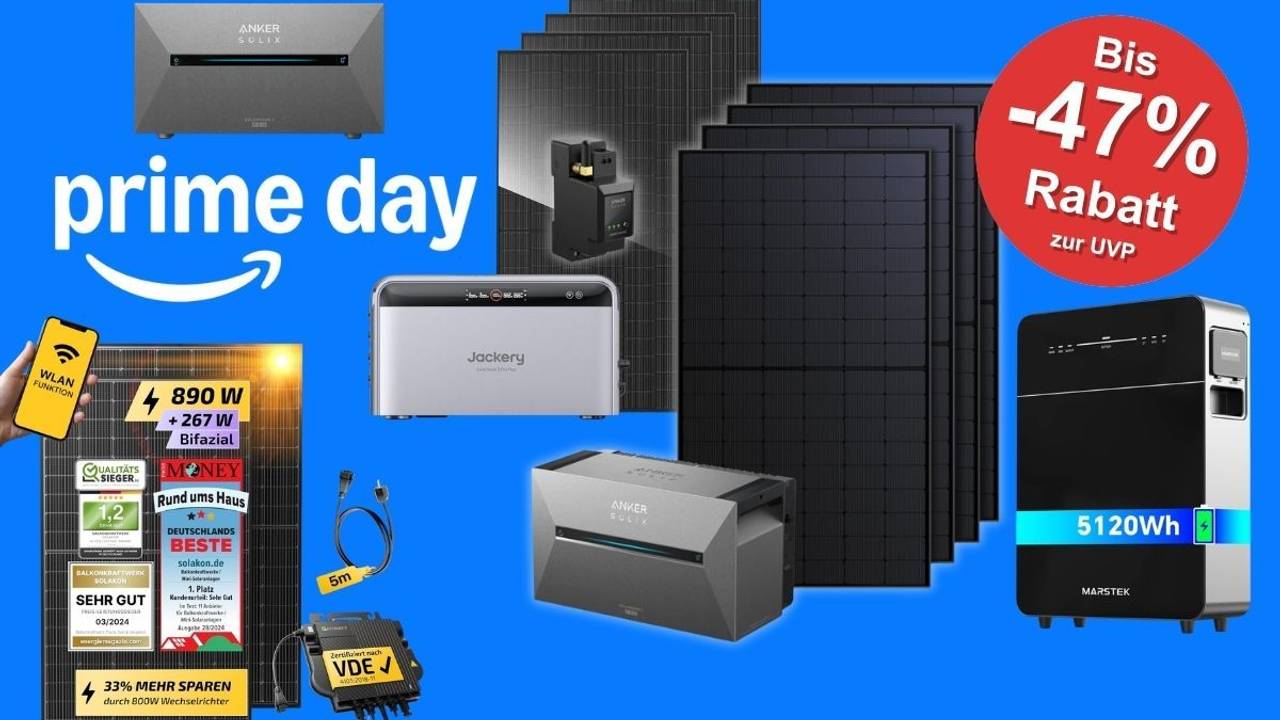 Balkonkraftwerk Komplettsets mit Solarmodulen, Stromspeicher und Wechselrichter beim Amazon Prime Day Sale.