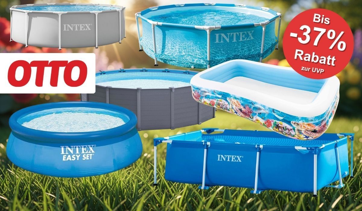 Collage verschiedener Intex Pools im OTTO Sale – Easy Set Aufstellpool, Metal Frame Rundpool, Graphite Framepool und aufblasbarer Familienpool mit Unterwassermotiv, alle mit bis zu 37 Prozent Rabatt zur UVP