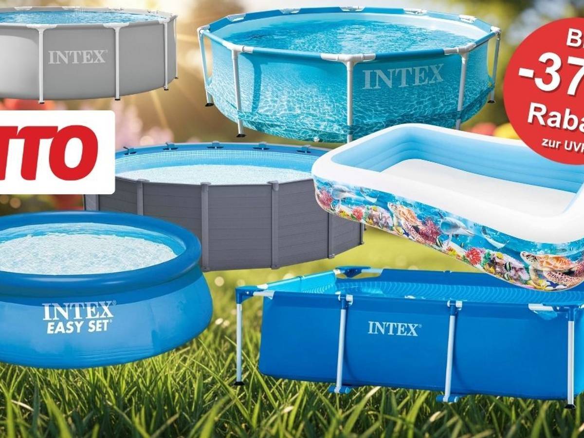 Collage verschiedener Intex Pools im OTTO Sale – Easy Set Aufstellpool, Metal Frame Rundpool, Graphite Framepool und aufblasbarer Familienpool mit Unterwassermotiv, alle mit bis zu 37 Prozent Rabatt zur UVP